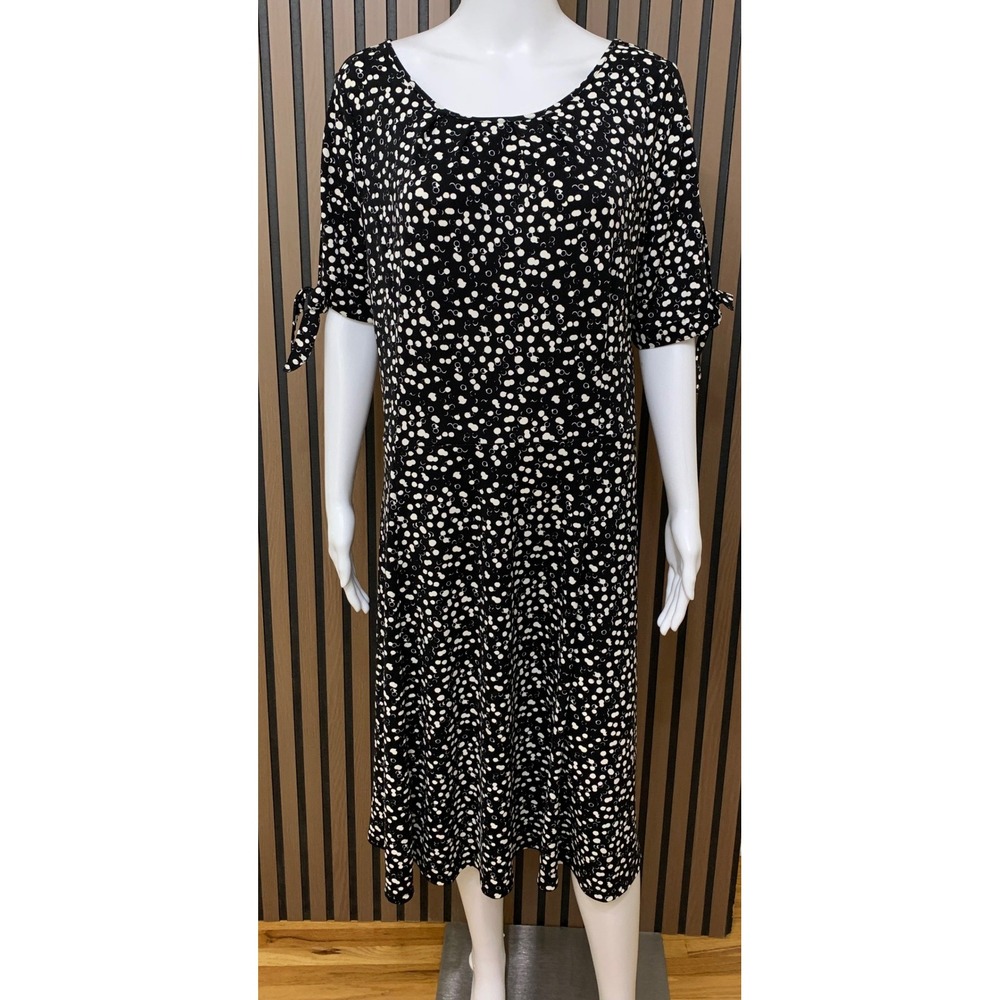Talbots Women's Black White Polka Dot Tie Sleeve Midi A-Line Dress Size L NWT
